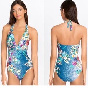 Johnny Was Blue Sady Twist-Front One Piece Swimsuit V Neck Halter 3X XL